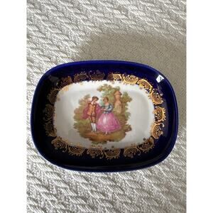Limoges France Cobalt Blue Gold Courting Couple Trinket Dish Porcelain